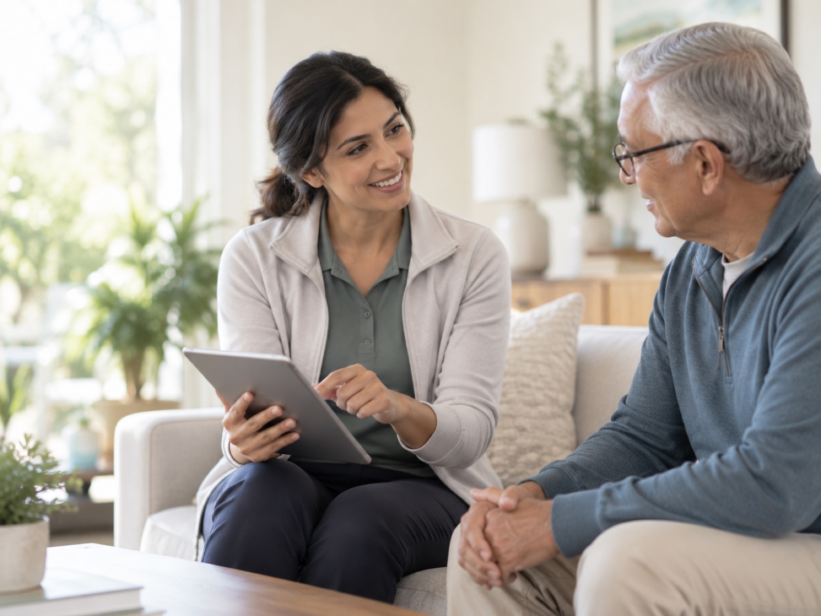 Physical therapist reviewing a plan on a tablet with an older man at home