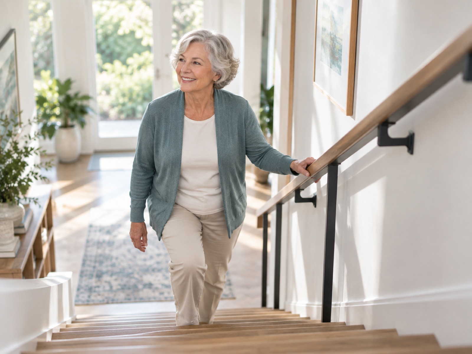 Older woman climbing the stairs at home with confidence